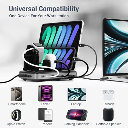 160W 6-Port USB-C and USB-A Charging Station Organizer with 140W PD 3.1 – Includes Cables – for MacBook, iPhone, iPad, AirPods, Smartphones, Tablets, and Gaming Devices - Black