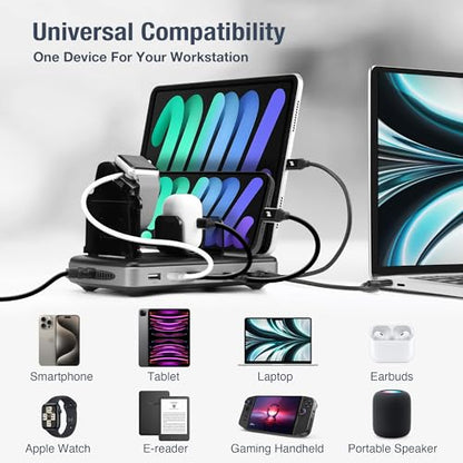 160W 6-Port USB-C and USB-A Charging Station Organizer with 140W PD 3.1 – Includes Cables – for MacBook, iPhone, iPad, AirPods, Smartphones, Tablets, and Gaming Devices - Black