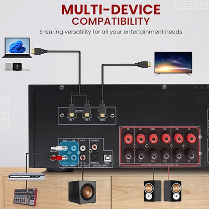 Pyle 5.2 채널 하이파이 홈 시어터 수신기 - 1000W MAX 무선 BT 서라운드 사운드 스테레오 앰프 시스템, 4k 울트라 HD 지원, MP3/USB/DAC, 몰입형 홈 오디오 경험에 이상적
