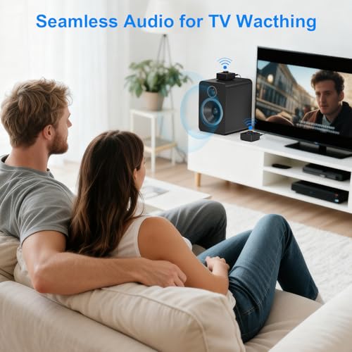YMOO 2.4GHz Wireless Audio Transmitter Receiver Set (1 TX+1 RX) for TV | 25ms Low Latency 200ft Long Range with AUX RCA in/Out, Wireless Audio Adapter for TV PC Powered Speakers Soundbar Amplifier