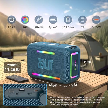 ZEALOT Bluetooth Speaker, 120W RMS 150W Peak Loud Wireless Speakers IPX6 Waterproof Bluetooth Subwoofer Speaker with LED Light, Custom EQ, 40H Playtime, Portable Speakers for Outdoor, Party - color: Blue