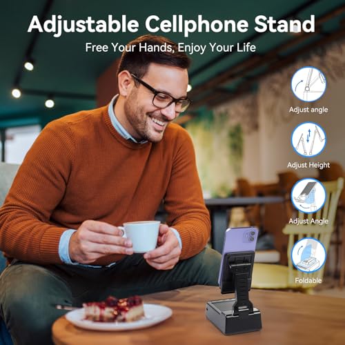 Birthday Gifts for Women Men, Foldable Adjustable Phone Stand with Bluetooth Speaker & 5000mAh Charger, HD Stereo Surround Sound Anti-Slip Holder for Home Office 1 Pack (Black) - size: L38