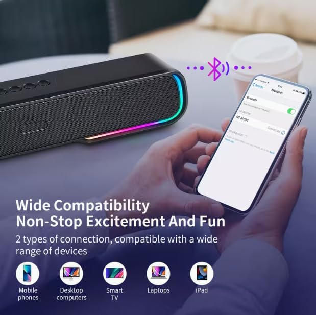Bluetooth Computer Soundbar Speakers, Rechargeable Gaming Sound Bar with RGB, Support FM Radio/TF Card/AUX/USB Playback, Speakers for Desktop, Laptop, TV, Phone, HD Stereo Loud Sound, Punchy Bass