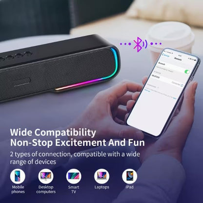 Bluetooth Computer Soundbar Speakers, Rechargeable Gaming Sound Bar with RGB, Support FM Radio/TF Card/AUX/USB Playback, Speakers for Desktop, Laptop, TV, Phone, HD Stereo Loud Sound, Punchy Bass