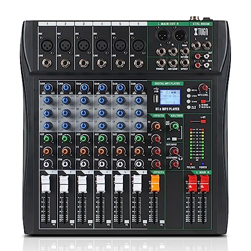 XTUGA 6 Channel Audio Mixer,Professional Digital Sound Board DJ Mixer(CT60) | 48V Phantom Digital Effect,3-band EQ,Bluetooth DJ Mixing Console System,Sound Mixer for PC Podcast Studio Streaming Recording