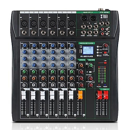 XTUGA 6 Channel Audio Mixer,Professional Digital Sound Board DJ Mixer(CT60) | 48V Phantom Digital Effect,3-band EQ,Bluetooth DJ Mixing Console System,Sound Mixer for PC Podcast Studio Streaming Recording