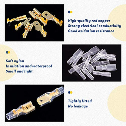 Glarks 720Pcs 2.8mm 4.8mm 6.3mm Male and Female Wire Spade Connector and Insulating Sleeve Assortment Kit Copper Wire Crimp Terminal Block with Nylon Sleeve Set for Car Audio Speaker - style: 720Pcs Golden Spade Connector