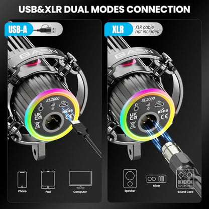 BASN USB/XLR SL2000 Dynamic Microphone and Bsinger 2nd Generation Dual Dynamic Drivers in Ear Monitor Headphones Set for Podcast, Live Streaming, Gaming Recording