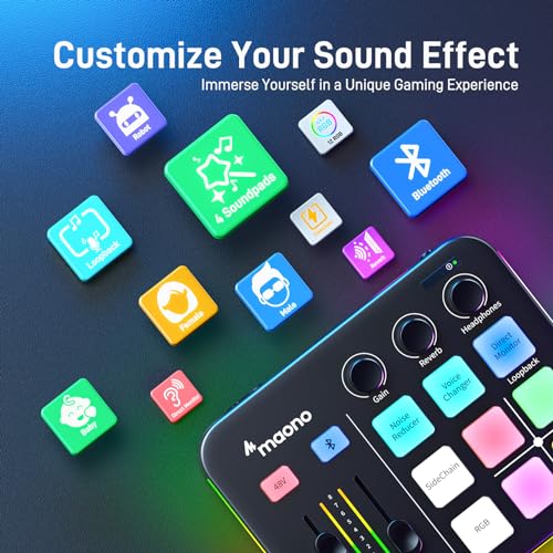 MAONO Gaming Audio Mixer & XLR Dynamic Microphone, Audio Interface with Pro-preamp, RGB, Bluetooth, 48V Phantom Power for Live Streaming, Podcasting, Content Create, Gaming