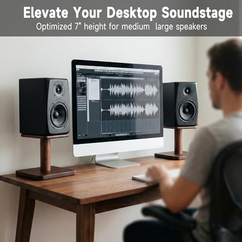 Desktop Speaker Stands Made of Pure Solid Wood, Natural Style, 360° Rotatable Top Plate, Suitable for Medium/Large Tabletop Speakers and Studio Monitors (WalnutBrown Finish_DSS7(7 inch))
