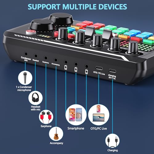 SINWE Live Sound Card Audio Mixer,Podcast Production Studio Equipment | Podcast Audio Interface with DJ Mixer Effects and Voice Changer，Prefect for Live Streaming/Podcasting/Gaming/singing