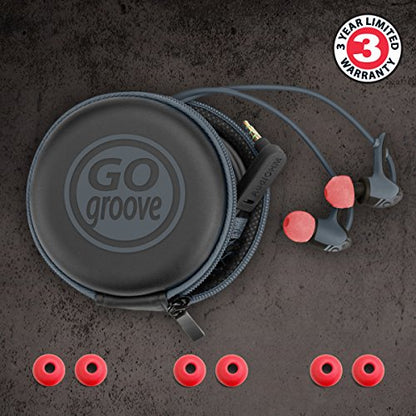 GOgroove AudiOHM HDX Noise Isolating Wired Earbuds with Microphone - Premium Headphones with Ergonomic Angled Design, 3mm Thick Reinforced Cable, Fortified Y-Connector, and EVA Carrying Case (Red)