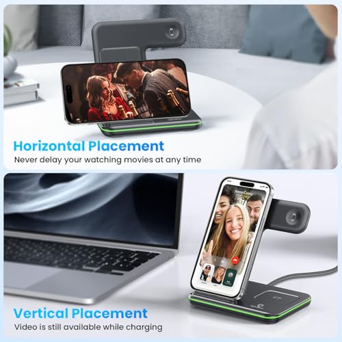 WAITIEE Foldable Wireless Charger for iPhone 17 16 15 14 13 12 11 X 8, 3 in 1 Charging Station for Apple Watch & for AirPods (Black) - color: Black