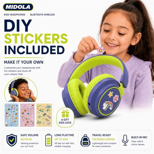 Kids Bluetooth Headphones Wireless 68 Hours,Safe Volume Limit 85/94dB | Adjustable Headband Foldable Over-Ear Lightweight Headsets for Toddler Girls Boys Tablet/iPad,HD Stereo,Built-in Mic,Green - color: DeepBlueSky