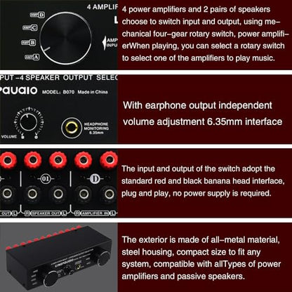 Amplifier Speaker Selector Switch Switcher 4 Input 2 Output or 2 in 4 Out Power Amplifier Speaker Selector Switcher 300W Per Channel Speaker Switch Dispenser