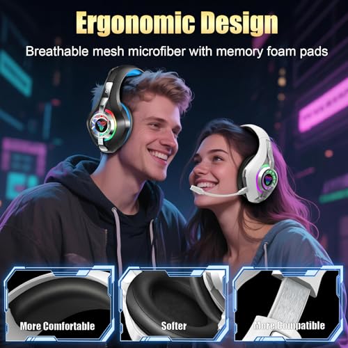 Ordtop 2.4GHz Wireless Gaming Headsets for PS5/PS4/Switch, 2026 RGB Noise Cancelling Over-Ear Headphones with 7.1 Surround Sound, 40mm Drivers, 276g Ultraligero, Memory Foam, 45H Gaming Headphones﻿ - color: White
