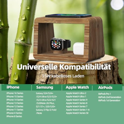 4 in 1 Bamboo Charging Station for Multiple Devices, 15W Fast Wireless Charger with Stepless Dimmable Night Light, Wood Style Dock Compatible with iPhone/iWatch/AirPods