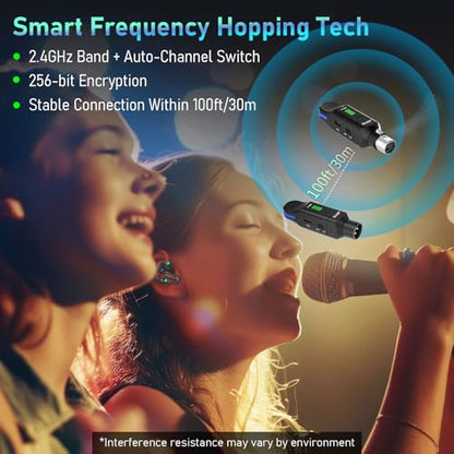 JOYO 2.4GHz Wireless XLR Microphone System, Plug-on Transmitter & Receiver for Dynamic Mics, 100ft Range, 24-bit/48kHz, 6-8Hr Battery, 4-Channel (MW-2)