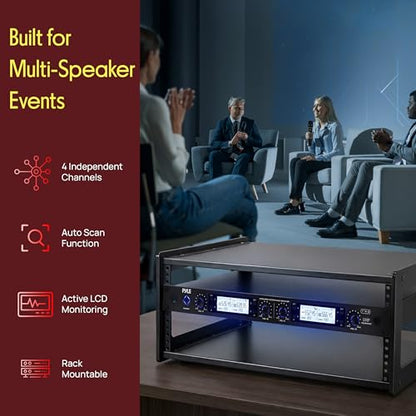 Pyle 4 Channel UHF Wireless Microphone System with 4 Lavalier & 4 Headset Mics, 300 Ft Range, Rack Mount Receiver for Conferences, Events & PA Systems - style: 4-Channel Lavalier-Headset