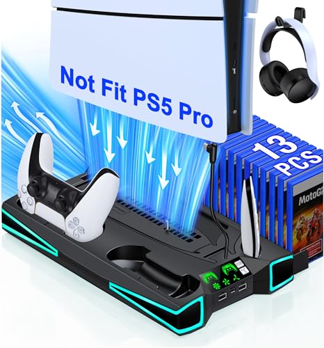 PS5 Stand, PS5/PS5 Slim Cooling Station with 3-Level Cooling Fan, Controller Charger Station for PS5 Accessories, Light, Headset Holder, 3 Charger Ports for PlayStation 5 Slim Console, Black - color: Black