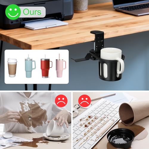 Desk Cup Holder Clamp 2 in 1 Clip On Table Cup Holder with Headphone Hanger | Rotatable Anti-Spill Water Bottle Stand Drink Coffee Mug Storage, Office Accessories for Home and School - color: Black-1 with Headphone Hanger
