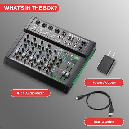 Pyle 8 Channel Audio Mixer - 4 XLR Combo Mic Inputs, Bluetooth Studio Mixer/DJ Controller with DSP Digital Effects, USB-A In with MP3 Player, PC Recording, LED Level Meter, Smooth Dials and Faders - style: 8 Channel