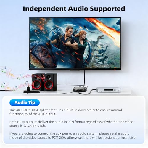 BolAAzuL HDMI 2.1 Splitter 1 in 2 Out 4K 120Hz w/ 8K HDMI Cable & Power | 8K 60Hz HDMI Y Splitter 1x2 with Audio Out for Dual Monitors Duplicate, HDCP 2.3 HDR 48Gbps VRR ALLM, for PS5/Xbox/PC/TV