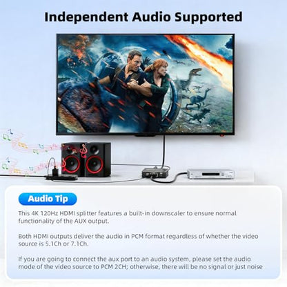 BolAAzuL HDMI 2.1 Splitter 1 in 2 Out 4K 120Hz w/ 8K HDMI Cable & Power | 8K 60Hz HDMI Y Splitter 1x2 with Audio Out for Dual Monitors Duplicate, HDCP 2.3 HDR 48Gbps VRR ALLM, for PS5/Xbox/PC/TV