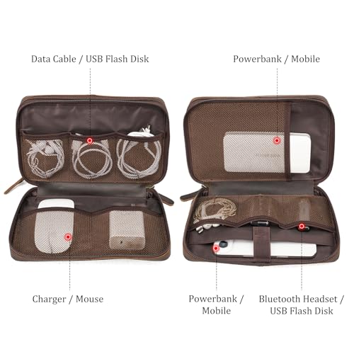 Polare Full Grain Leather Cable Organizer Travel Case Double Layers Electronics Accessories Carry Bag with YKK Zippers All-in-One Tech Storage Pouch for Cords, Power Bank, USB, Charger