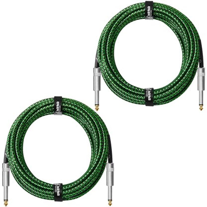 2-Pack 20 Feet Tweed braided 1/4 Inch TS Guitar Cables, Black & Green | Strain relief, Anti-kink, no signal loss, fit electric guitar, bass, amp - color: Green, size: 20ft