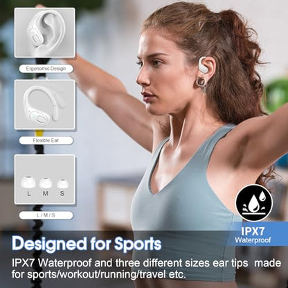 Aptkdoe 2 Sets Wireless Earbuds Sport, Bluetooth 5.4 Over Ear Buds Stereo Deep Bass Over Ear Bud with Earhooks, 75H Wireless Earphones with Mic, IPX7 Waterproof Earphone for Sports Rose Gold+White