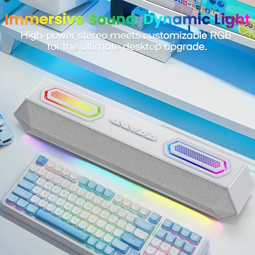 Deeyaple Computer Speakers, 40W PC Speakers for Desktop Monitor with Bluetooth 5.3 & USB Audio, HiFi Stereo Gaming Soundbar with Custom EQ Software, Dynamic RGB Lighting for Laptop, PS4, PS5, White.