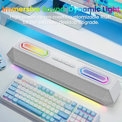 Deeyaple Computer Speakers, 40W PC Speakers for Desktop Monitor with Bluetooth 5.3 & USB Audio, HiFi Stereo Gaming Soundbar with Custom EQ Software, Dynamic RGB Lighting for Laptop, PS4, PS5, White.