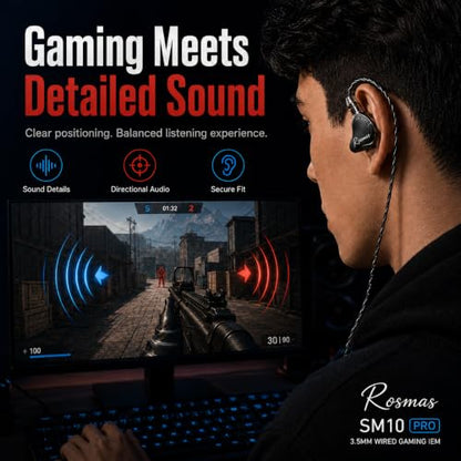 Rosmas Wired Earbuds with Mic,3.5mm Gaming Earbuds, SM10 Pro IEM Earphones 5-Driver Hybrid in-Ear Monitors, 4BA+1DD Detailed Sound, Detachable 2-Pin Cable for Music Calls, Black - color: Black&3.5mm