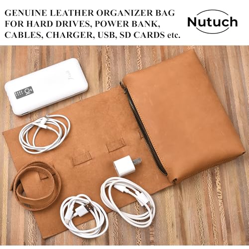 Leather Tech Pouch for Cables Chargers Phone | Tech Bag | Zipper Travel Accessory Pouch | Electronic Organizer Case Travel Bag (Tan) - color: Tan