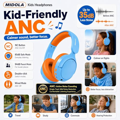 Kids Bluetooth Headphones Wireless,ANC, 68H,Safe Volume Limit 85/94dB Sky | Active Noise Cancelling,Adjustable Headband Foldable Over-Ear for Toddler Girls Boys Tablet/iPad,HD Stereo,Built-in Mic,Blue - color: Sky Blue
