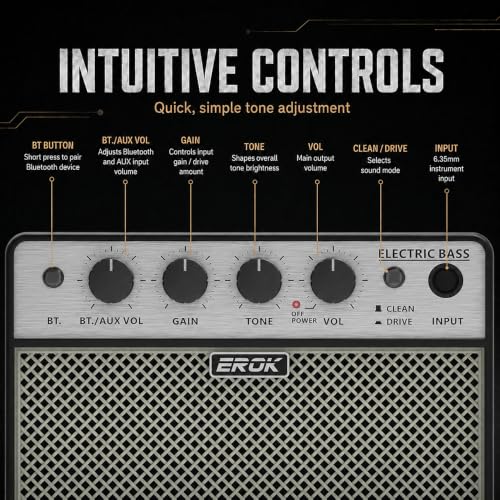EROK BA-10B Mini Bass Amp, 10W Electric Bass Amplifier with Bluetooth 5.1 | Rechargeable 3000mAh Battery, Clean/Drive Modes, Headphone Output, AUX Input, Compact Practice Design