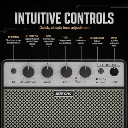 EROK BA-10B Mini Bass Amp, 10W Electric Bass Amplifier with Bluetooth 5.1 | Rechargeable 3000mAh Battery, Clean/Drive Modes, Headphone Output, AUX Input, Compact Practice Design