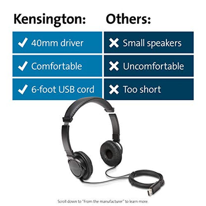Kensington USB-A Hi-Fi Headphones, On-Ear Headset, 6ft Cord, for Kids, for Adults, for School, Padded Adjustable Headband (K97600WW), Black