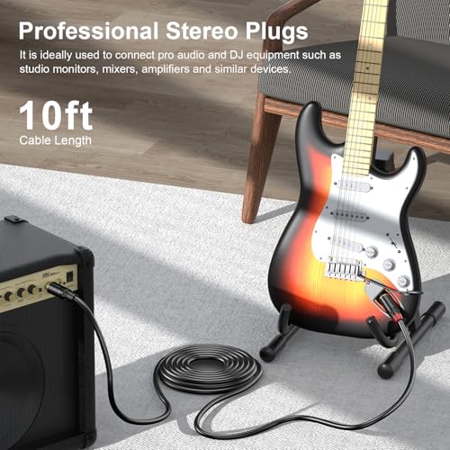 Guitar Cable 10ft, Professional Series Instrument Cable with Silent Elliptical Lock Plug, 6.35mm Stereo Plugs Guitar Cord for Electric Guitar, Amp, Mixer, Speaker, Studio Monitor