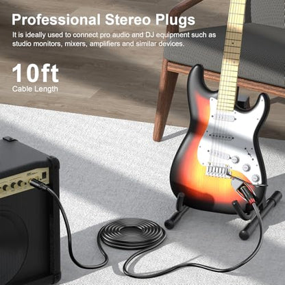 Guitar Cable 10ft, Professional Series Instrument Cable with Silent Elliptical Lock Plug, 6.35mm Stereo Plugs Guitar Cord for Electric Guitar, Amp, Mixer, Speaker, Studio Monitor