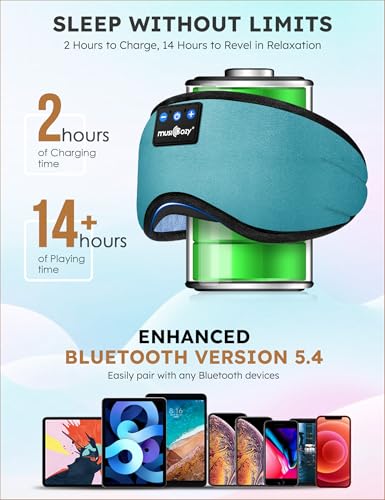 MUSICOZY Sleep Headphones Bluetooth 5.4 Sleep Eye Mask with HD Speakers | Soft Cotton Fabric, Flat Design, 14 Hours Playtime, Washable Headband Style for Side Sleepers, Travel Meditation Relaxation - color: Light Blue