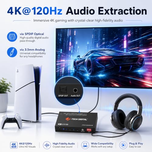 J-Tech Digital 8K HDMI Switch 2 in 1 Out 8K@60Hz 4K@120Hz 1080P@240Hz, HDMI Audio Extraction to Optical & 3.5mm, HDR HDCP 2.3 EDID Control, Compatible with PS5 PS4 Xbox Switch Apple TV Roku Fire TV - style: 2 in 1