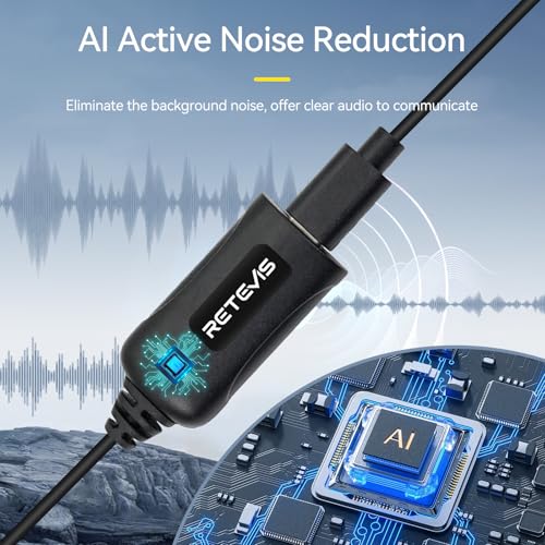 Retevis AI Active Noise Cancellation Walkie Talkie Headset, Rechargeable | for RT22/RT21/RT68/H777, Compatible with Pxton, Baofeng, Kenwood Walkie Talkie, Nightclub,Two Way Radio Earpiece(2 Pack)