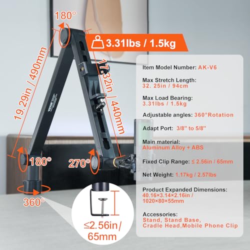 VEVOR Microphone Boom Arm, with Desk Mount Clamp, Adjustable Mic Stand with Cable Management,360° Rotatable,3/8" to 5/8" Adapter, for Recording Studio Streaming Gaming Blue Yeti SM7B Audio Podcast - style: Mic Boom Arm