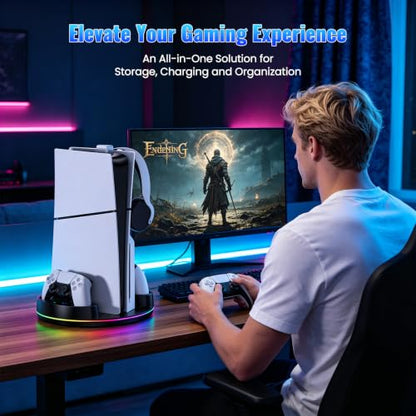 NEWDERY for PS5/Slim/Pro Console Stand with Controller Charger | Charging Station for PS5 Controllers, Adjustable RGB Light, for PS5 Controller Charger Stand, Black - color: Black