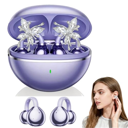 2026 New Jewelry-Inspired Clip-On Earbuds with Detachable Sparkle Butterfly Earrings, Bluetooth 6.0, Cute Wireless Headphones for Women, 50H Playtime, Low Latency, Sports & Workouts (Purple) - color: Purple