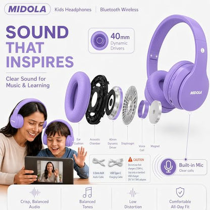 Kids Bluetooth Headphones Wireless 68 Hours,Safe Volume Limit 85/94dB | Adjustable Headband Foldable Over-Ear Lightweight for Toddler Girls Boys Tablet/iPad,HD Stereo,Built-in Mic,Light Purple - color: Light Purple