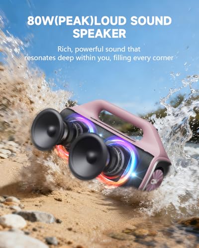 IP67 Waterproof Bluetooth Speaker:80W(Peak) Loud Outdoor Portable Wireless Party Speakers with LED Lights,20H Playtime,Bluetooth 5.3,Deep Bass & TWS for Pool,Beach (Pink) - color: Pink + Gray
