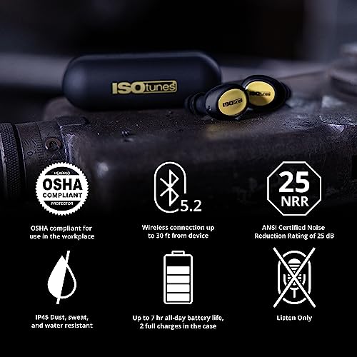 ISOtunes Free 2.0 Bluetooth Hearing Protection, OSHA Compliant Work Earbuds | No microphone for workplace compliance, true wireless Bluetooth, 25 dB NRR, 79 dB audio output